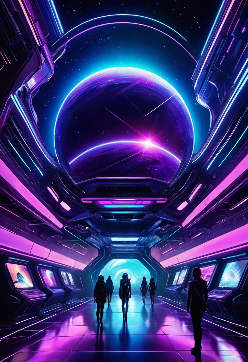 (Masterpiece, 8K, UHD, high resolution: 1.4), album cover in Synthwave/Retrowave style, (futuristic spaceship "Nova Star": 1.3), (flying towards a black hole: 1.3), (ship lights shining in blue and purple tones: 1.2), (metallic details reflecting advanced technology: 1.2), (event horizon of the black hole with distorted space: 1.3), (curved light rays and spiral effect: 1.2), (vibrant neon color palette: 1.3), (space background with stars and nebulas: 1.2), (silhouettes of main characters with neon glow: 1.3), (Captain Elena Ramirez, Dr. Lara Chen, Lieutenant Marcus Vega, Mia Torres, Nurse Kate Sullivan: 1.2), (floating hologram of AI ARIA beside the ship: 1.3), (cyberpunk design details: 1.2), (futuristic control panels, floating holograms: 1.2), (title text "Into the Unknown" in futuristic typography with neon glow: 1.3), (band name in coherent style: 1.2), (futuristic and technological environment: 1.3), intricate and vibrant details, (dynamic and artistic perspective: 1.3)