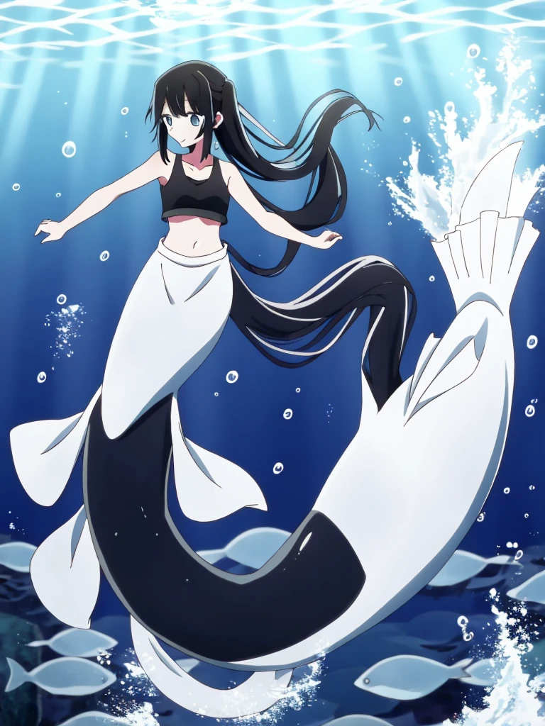 (mermaid:1.0), long black shark tail, full body, midriff black crop top, beautiful perfect symmetrical face, beautiful cute dark ager girl, full body,under the sea, long black pony tail, fins, stretching