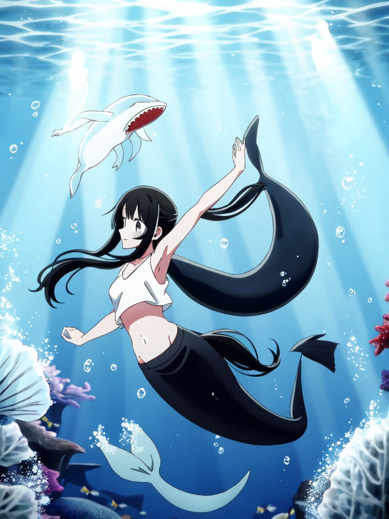 (mermaid:1.0), long black shark tail, full body, midriff black crop top, beautiful perfect symmetrical face, beautiful cute dark ager girl, full body,under the  sea, long black pony tail, fins, stretching
