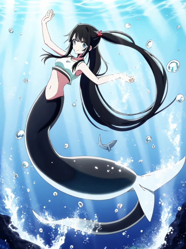 The mermaid, mermaid tail below waistline, underwater sea, swim, coral, fish, fish ears, red lips, black hair, long hair, twintail hair, mermaid tail below waistline, eel mermaid tail,
