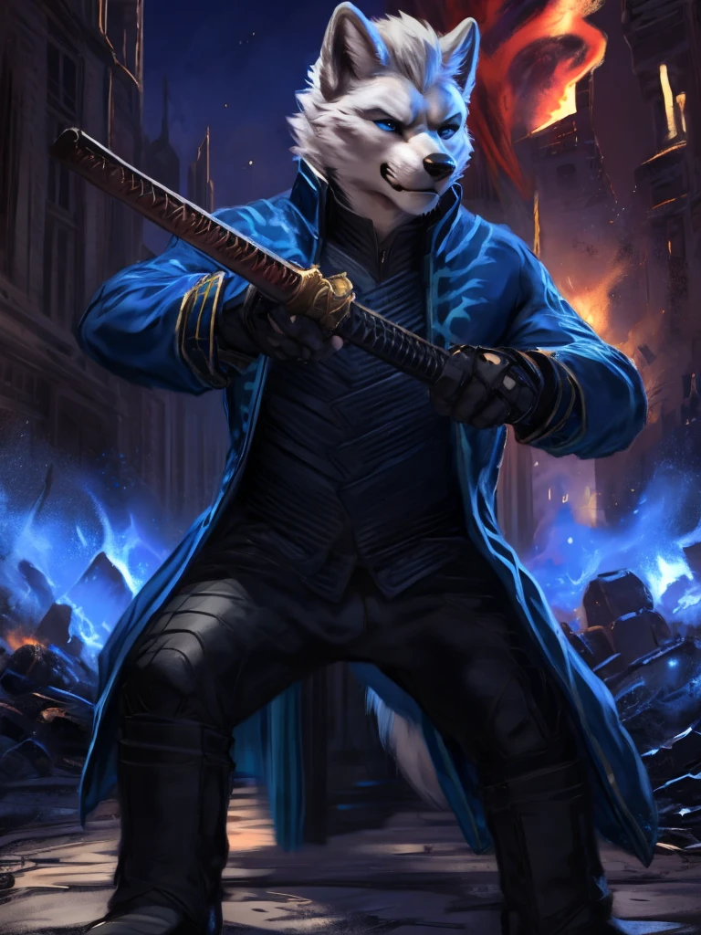 Vergil, blue clothing, robe, katana with white handle, devil may cry, white hair, slick back, blue eyes, cold stare, holding katana, detailed, realistic, dynamic pose, swinging katana, facing viewer, fight scene, running, detailed background, destroyed city background, fire, arctic fox, white fur, high quality, highest quality, by zackary911, by chunie, katana