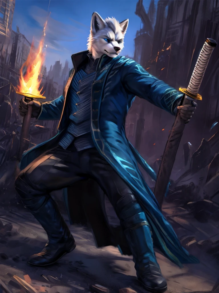 Vergil, blue clothing, robe, katana with white handle, devil may cry, white hair, slick back, blue eyes, cold stare, holding katana, detailed, realistic, dynamic pose, swinging katana, facing viewer, fight scene, running, detailed background, destroyed city background, fire, arctic fox, white fur, high quality, highest quality, by zackary911, by chunie, katana