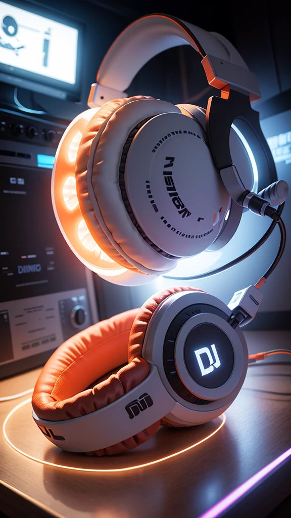 dj headphones, White color, with orange LED lights, on a table