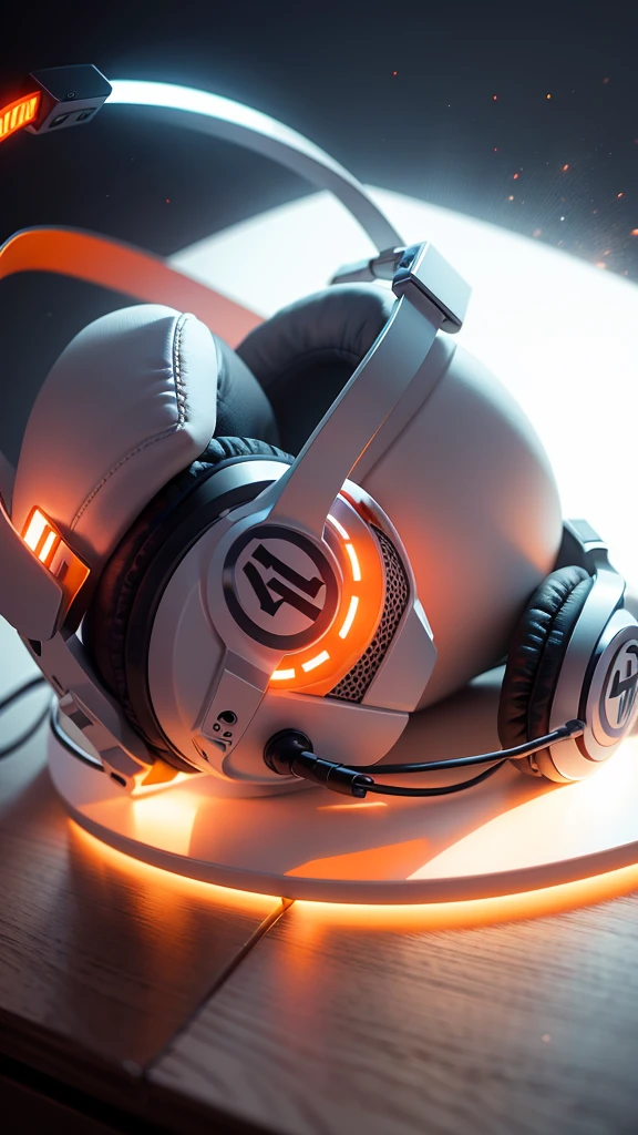 dj headphones, White color, with orange LED lights, on a table
