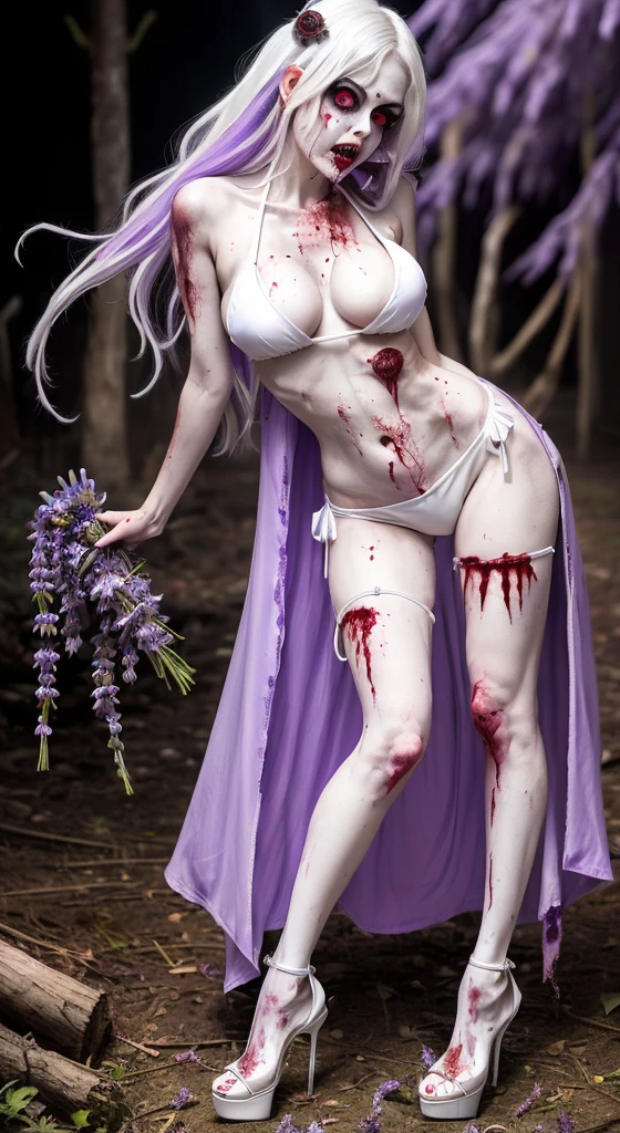 ((Female zombie))((Both eyes are completely white:1.2))((White skin, Really long legs))((very huge))((Wearing a lavender deep V low-cut bikini))((Wear lavender high heels:1.2))((Covered in blood))