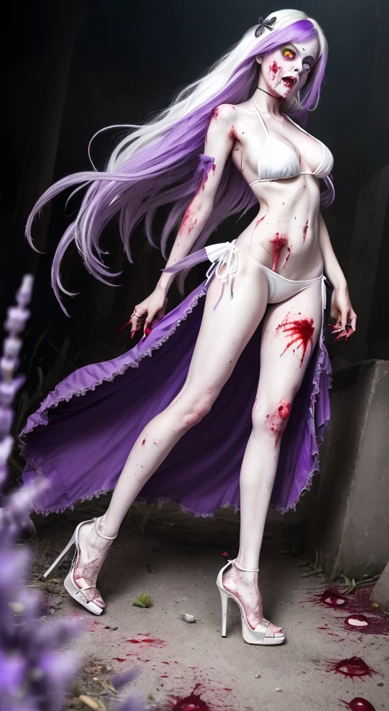 ((Female zombie))((Both eyes are completely white:1.2))((White skin, Really long legs))((very huge))((Wearing a lavender deep V low-cut bikini))((Wear lavender high heels:1.2))((Covered in blood))