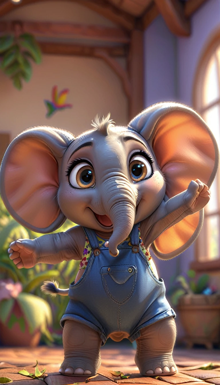 cute baby elephant, cartoon , arms, hands ,cute eyes, looking at viewer, arms up, clothes, flawless, detailed, 4k