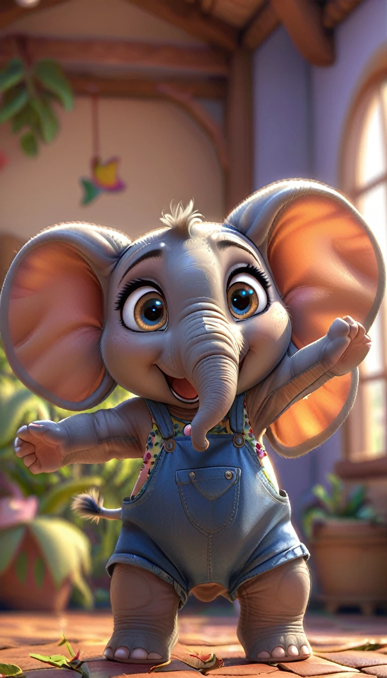 cute baby elephant, cartoon , arms, hands ,cute eyes, looking at viewer, arms up, clothes, flawless, detailed, 4k