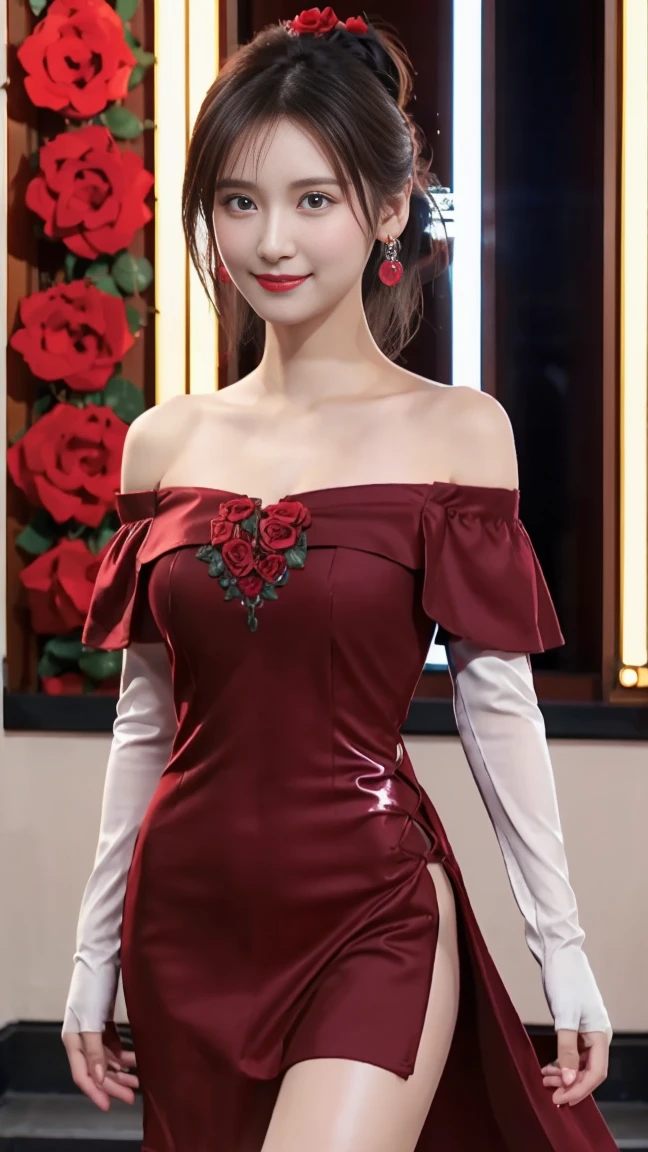 (masterpiece), Perfect Anatomy, Complex, (Very detailed), masterpiece, Realistic, Perfect Anatomy, Cinema Lighting, shading, Very detailed肌, Beautiful attention to detail, Highest quality, Super detailed, (figure), Super detailed,(Shiny skin:1.3), View your viewers, (Very delicate eyes), Level 99 Villain, (Red dress with roses:1.2), (One-sided off-the-shoulder dress:1.5), Side slits, Black Hair, Hime cut, Medium chest:1.4, Big Hips, Narrow waist, Big eyes, (Dark Eyes:1.3),Earrings,(A small smile),(Messy bun:1.3),Perfect body,(Rose Pattern Opera Gloves),Palace Dance Hall