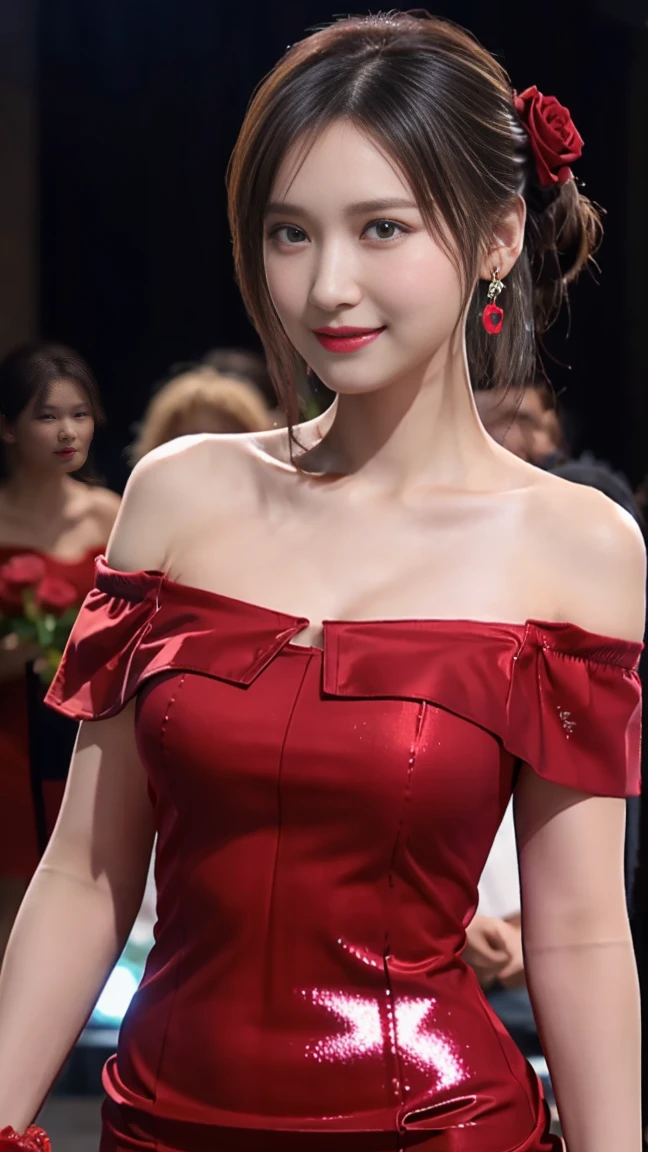 (masterpiece), Perfect Anatomy, Complex, (Very detailed), masterpiece, Realistic, Perfect Anatomy, Cinema Lighting, shading, Very detailed肌, Beautiful attention to detail, Highest quality, Super detailed, (figure), Super detailed,(Shiny skin:1.3), View your viewers, (Very delicate eyes), Level 99 Villain, (Red dress with roses:1.2), (One-sided off-the-shoulder dress:1.5), Side slits, Black Hair, Hime cut, Medium chest:1.4, Big Hips, Narrow waist, Big eyes, (Dark Eyes:1.3),Earrings,(A small smile),(Messy bun:1.3),Perfect body,(Rose Pattern Opera Gloves),Palace Dance Hall