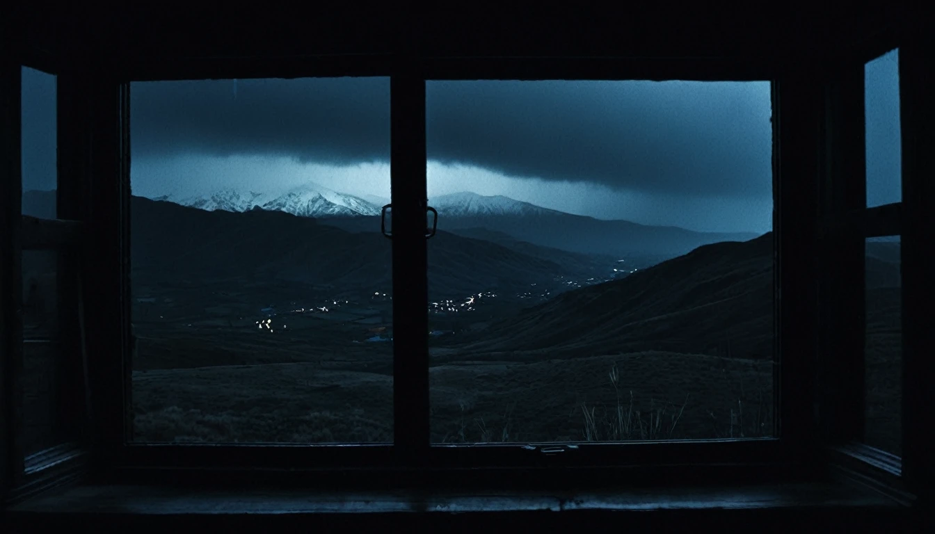 view from a dark window with black walls, outside dark mountains at night and black rain sky