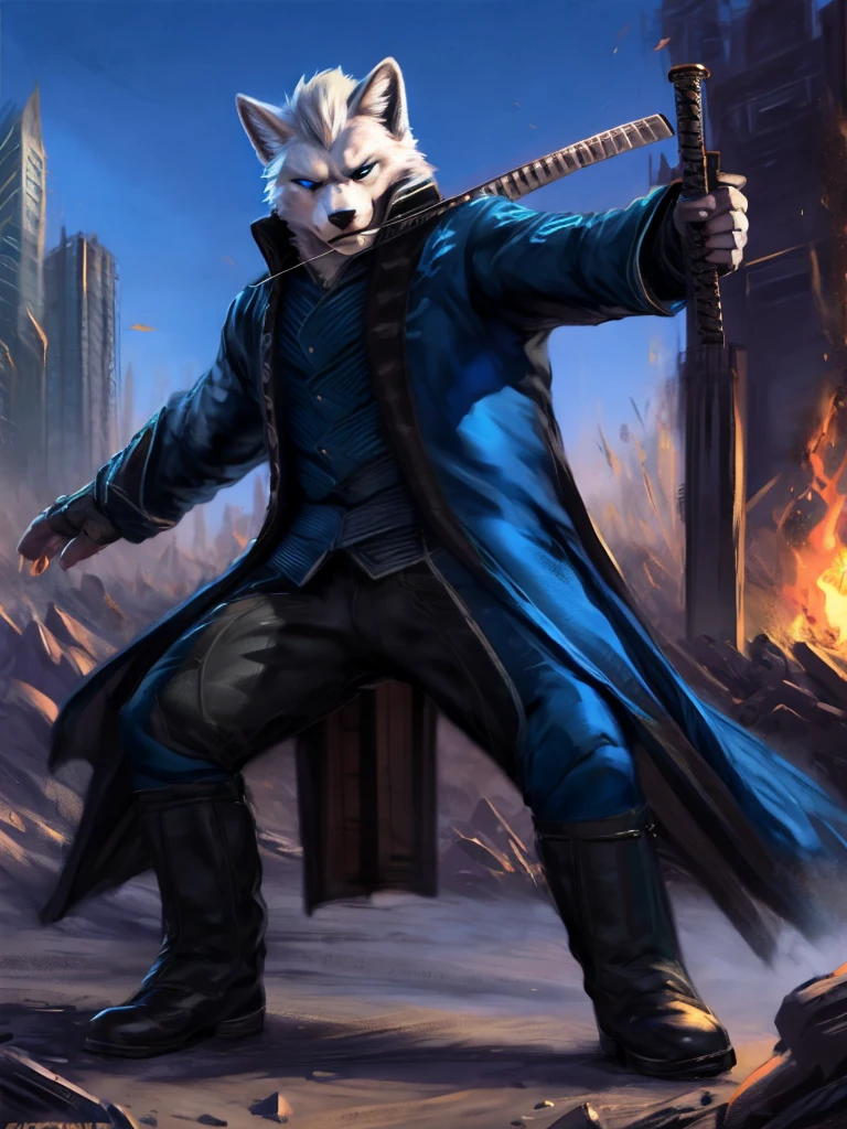Vergil, blue clothing, robe, katana with white handle, devil may cry, white hair, slick back, blue eyes, cold stare, holding katana, detailed, realistic, dynamic pose, swinging katana, facing viewer, fight scene, running, detailed background, destroyed city background, fire, arctic fox, white fur, high quality, highest quality, by zackary911, by chunie, katana