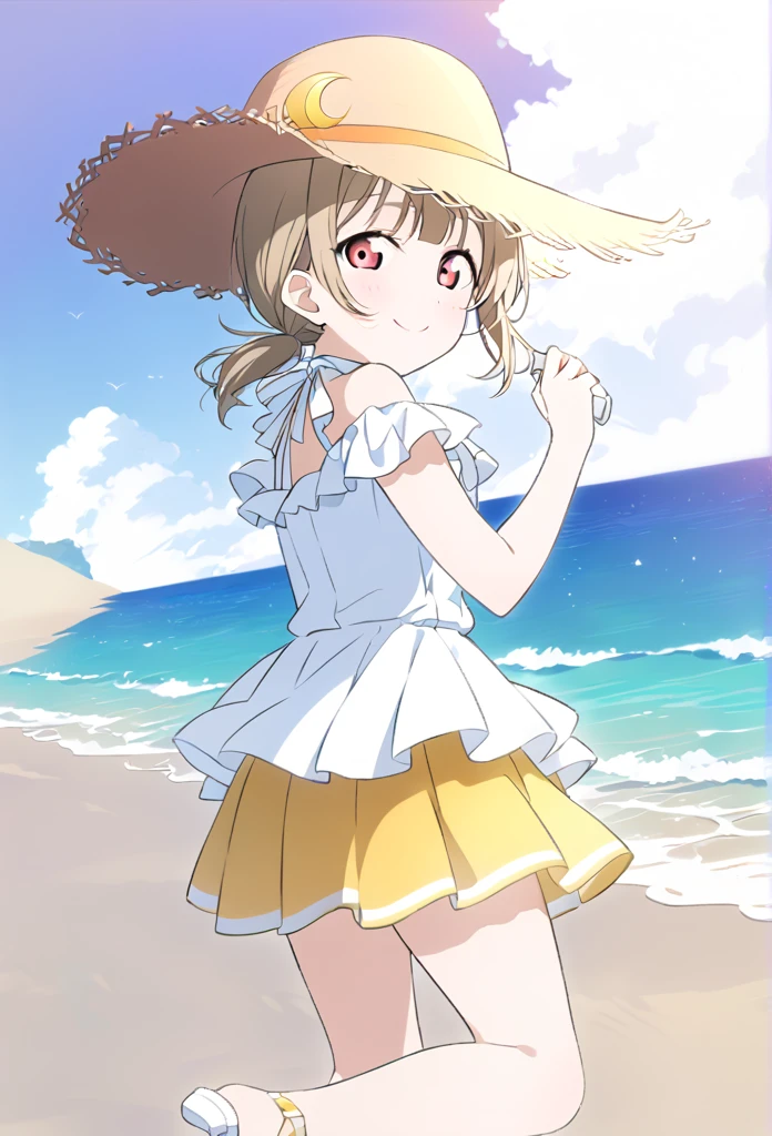 ((style:Colored pencil))Kasumi Nakasu, lovelive, Yellow-brown hair, Bobcut, short hair, ワンレングスBobcut, Asymmetrical Hair,Short Ponytail,  Red Eye, Yellow Skirt, White ruffled blouse, No sleeve, panama hat, Crescent moon hair ornament, Left of face, adult, flare lens, Single, alone, whole body, Back view, smile, Shy, Push hair up behind ear, With your right hand, White Sandals, Hands holding sandals, With your left hand, Seaside, Sandy Beach, 
nakasu kasumi,