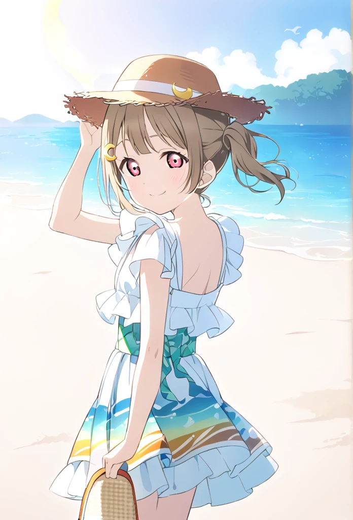 ((style:Colored pencil))Kasumi Nakasu, lovelive, Yellow-brown hair, Bobcut, short hair, ワンレングスBobcut, Asymmetrical Hair,Short Ponytail,  Red Eye, Yellow Skirt, White ruffled blouse, No sleeve, panama hat, Crescent moon hair ornament, Left of face, adult, flare lens, Single, alone, whole body, Back view, smile, Shy, Push hair up behind ear, With your right hand, White Sandals, Hands holding sandals, With your left hand, Seaside, Sandy Beach, 
nakasu kasumi,