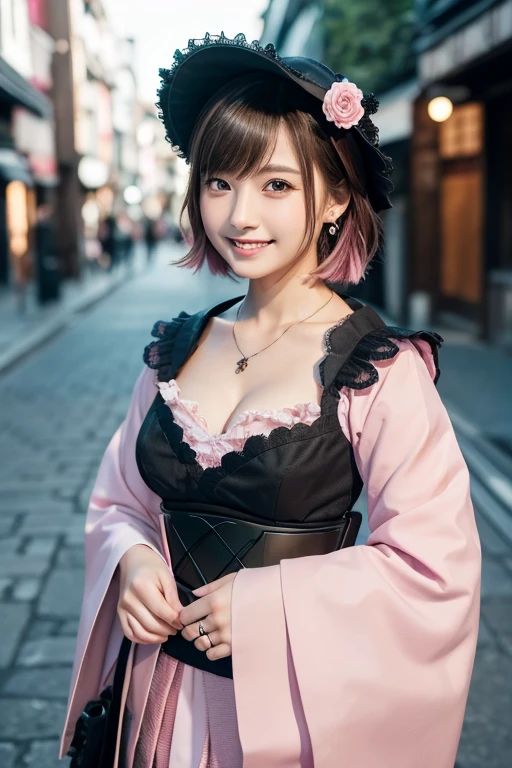 girl, White skin, ((Dark brown short tiered hair)), V cut with layers and bangs, Brown eyes, Soft atmosphere characteristics (Highest quality, Ultra-high resolution, 8K, RAW Photos, Ultra-high resolution: 1.2, masterpiece: 1.3), (Realistic, Realistic: 1.37), Very detailed, Professional Lighting, Photon Mapping, Radio City, 物理ベースレンダring, One Girl, (high school girl), Sharp focus:1.2、Beautiful woman:1.4,cute, Nice, Adorable smile, Normal chest, Cross Necklace、Earrings、ring,(Cleavage)、((Dark brown short hair),Gothic ta Fashion, (((Pink and black gothic loliimono))),Japanese cityscape、Kyoto,Selfie,Portrait style