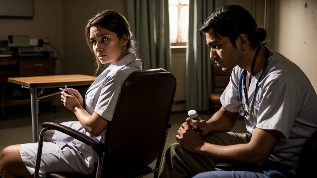 A nurse with a worried expression observing a disoriented man sitting in a chair, in an old, dimly lit hospital.