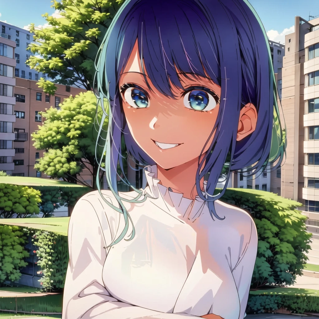 masterpiece, sidelighting,  masterpiece*portrait, lustrous skin, ((1girl, solo)), best background detail,stare,  arousing,lewd, akane,front , ((light smile, happy)),  long hair, looking at viewer, smile, bangs, blue eyes,  shirt, blue hair, white shirt, sidelocks, frills, side ponytail, portrait, looking at viewer, (((buildings, city))), standing, ((outdoors)), ((full  background)), holding sign