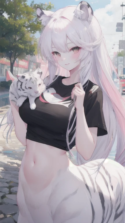(best quality, masterpiece), 1 girl, centaur, It takes, White skin, Korean woman, black pink,Smiling, exposing the abdomen, belly button t-shirt , 아름다운 소녀 perfect white tiger photo, perfect white tiger photo