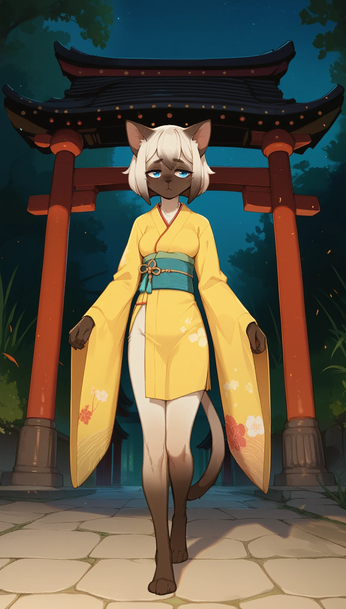 Half-closed eyes, tired expression, 1girl, anthro, furry, fur, fluffy fur, siamese cat, cat girl, japanese temple background, white hair (brown highlights), blue eyes, short hair, full body, (19 years), medium breast, thighs, solo, (japanese temple), half-closed eyes, standing, detailed, yellow kimono, shy, night, walking through the temple, score_9, score_8_up, score_7_up, score_6_up, score_5_up, score_4_up