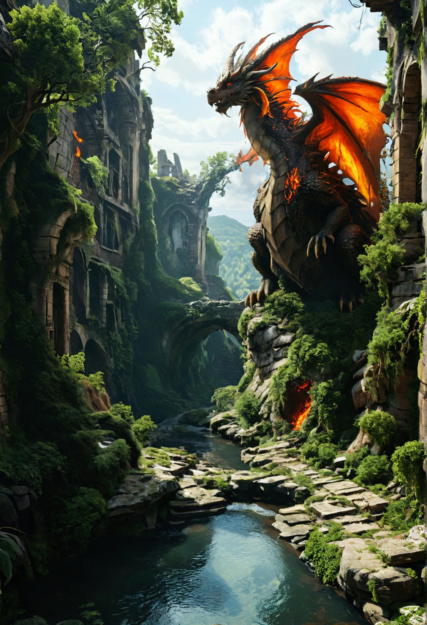 and 8K,landscape'a ruined city consumed by nature , a dragon that breathes fire