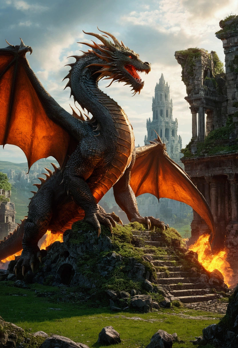 and 8K,landscape'a ruined city consumed by nature , a dragon that breathes fire