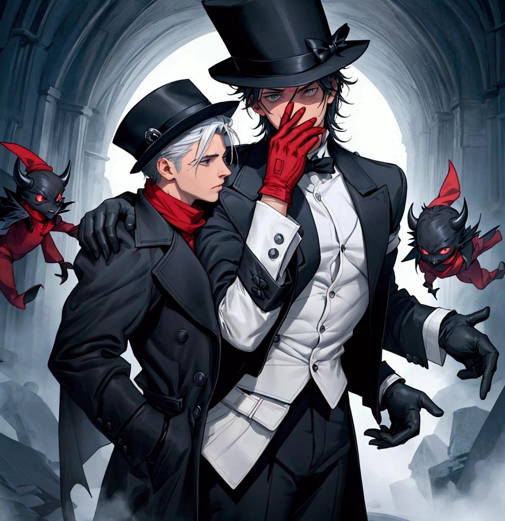I need a magician (naughty man) in gloves with the hands in the center of the body as if showing something by joining the hands in gloves, with the hat covering your face, while energy comes out over your hands and there are small demons watching from behind your shoulder and flying over the region