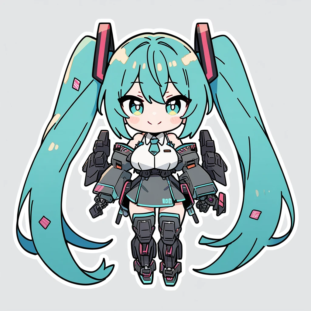 1Girl, hatsune miku, smile ,big breasts, looking at viewer, masterpiece, aesthetic, newest,(illustration),line art,white outline,chibi,full body, mecha musume
