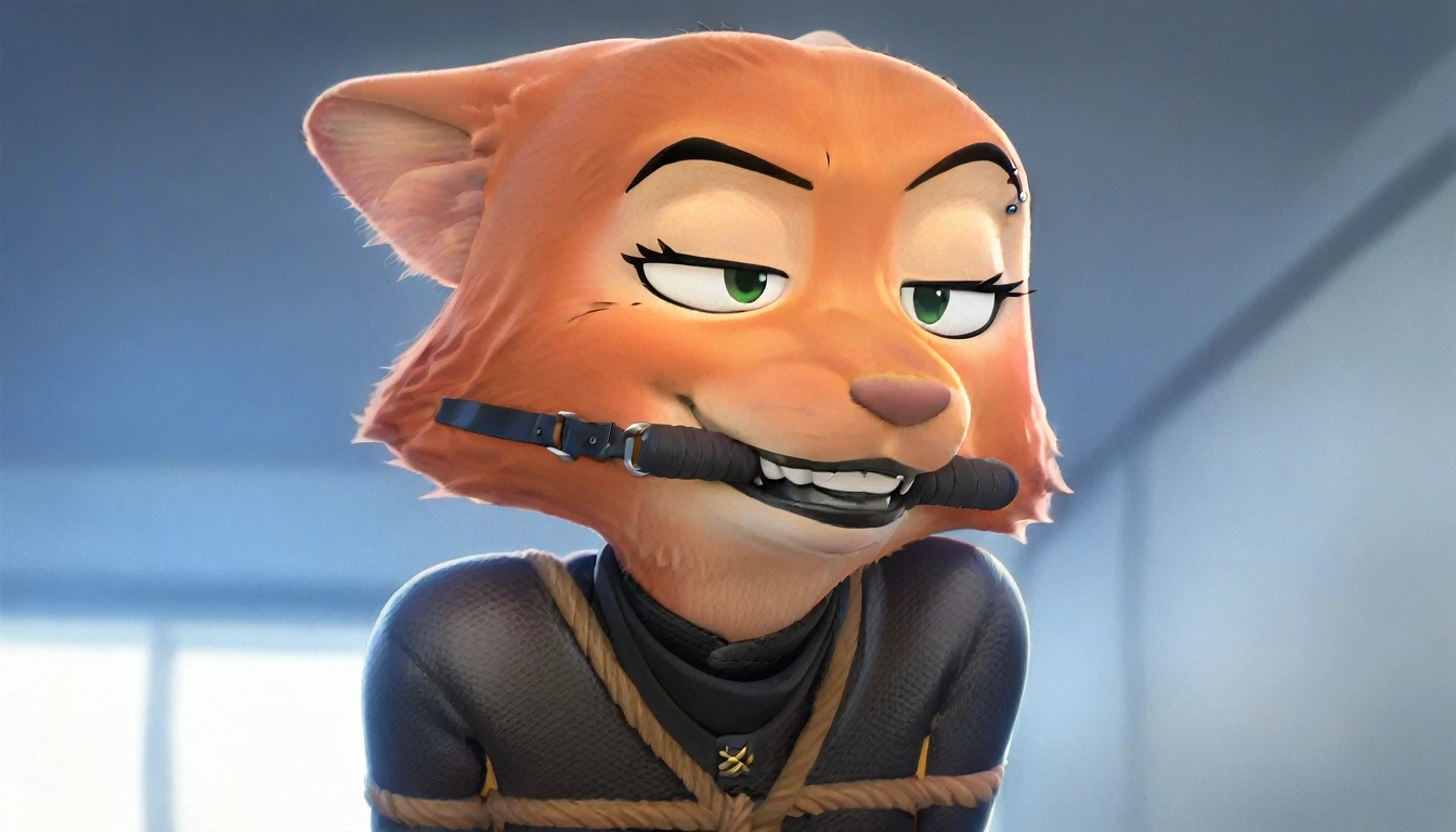 score_9, score_8_up, score_7_up, score_6_up, score_5_up, score_4_up,
Diane_Foxington, ginger fur, emerald eyes, black lipstick, black eyebrows, silver piercings on eyebrow, fox tail, bodysuit with yellow trim and black wraps, smirk, (gagged with bit gag), arms tied behind, shibari, (hishi karada), (whole body)