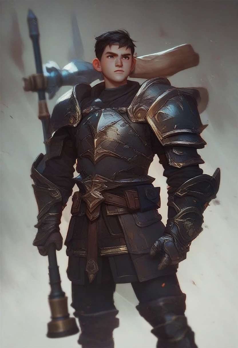 make a character of D&D young black man with short dreads hair and a friendly face, in the paladin class in black armor not very heavy with coats of arms holding a two-handed hammer.