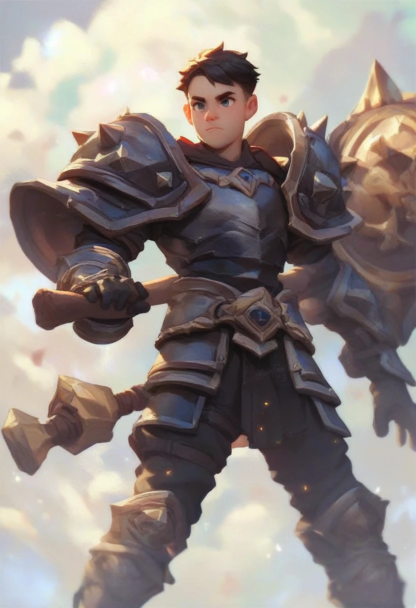 make a character of D&D young black man with short dreads hair and a friendly face, in the paladin class in black armor not very heavy with coats of arms holding a two-handed hammer.