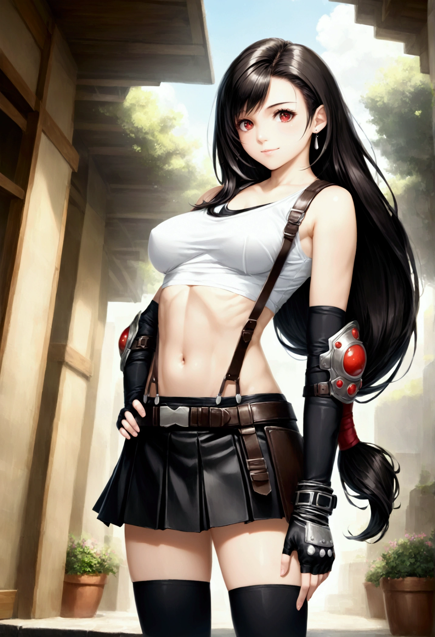 score_9, score_8_up, score_7_up,,BREAK , ,from side,front view,side angle,pov,,,standing,contrapost,upperbody ,,straight-on,Solo,1girl, tifa lockhart, final fantasy,ultra beautiful ,black hair, low-tied long hair, red eyes, bangs, (white tank top,gap),High exposure，Belly exposure，the ribs，(belt, pleated skirt, thighhighs, elbow fingerless gloves, elbow pads, midriff, navel,suspenders.skirt),beautiful waist ,((large_breast:1.3)),light smile,,hand on own hip,daytime,outdoor,(ultra detailed),(best quality),(aesthetic,very aesthetic),UHD,photorealistic,game cg.extremely detailed CG unity 8k wallpaper,anime,depth of field,,, 　　