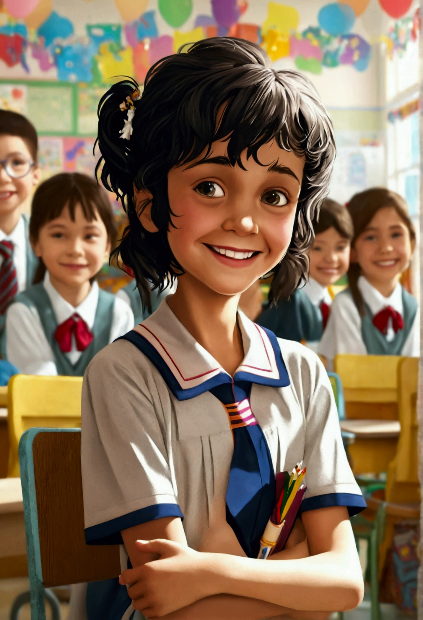 (High quality, masterpiece: 1.2), realistic, photo-realistic: 1.37, 1 , smiling, cap and gown, diploma in hand, (detailed school setting: 1.4), preschool classroom, (happy tears: 1.15), (teacher present: 1.2), parents in the audience, (detailed facial expressions: 1.3), (emotional touch: 1.1), (sharp focus on child: 1.2), best quality, 8K, masterpiece, fine details.