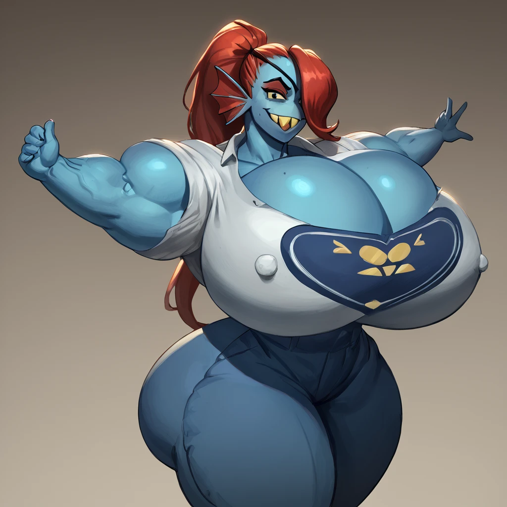 score_9, score_8_up, score_7_up, score_6_up, score_5_up, score_4_up, source_anime, 1girl, undyne \(undertale\), smiling, looking at viewer, portrait huge overfilled breast_implant, huge keep_inflating_Extrem_like a blimp, filling her up more plump , large Breast Augmentation Implants breast expander fill up, extremely huge inflated muscles, extremely hose coming out of it's mouth , intimidating large Breast Implants like a blimp,  big butt, big hips,body_keep_inflating pump_up_Body_full_up with Helium inflated