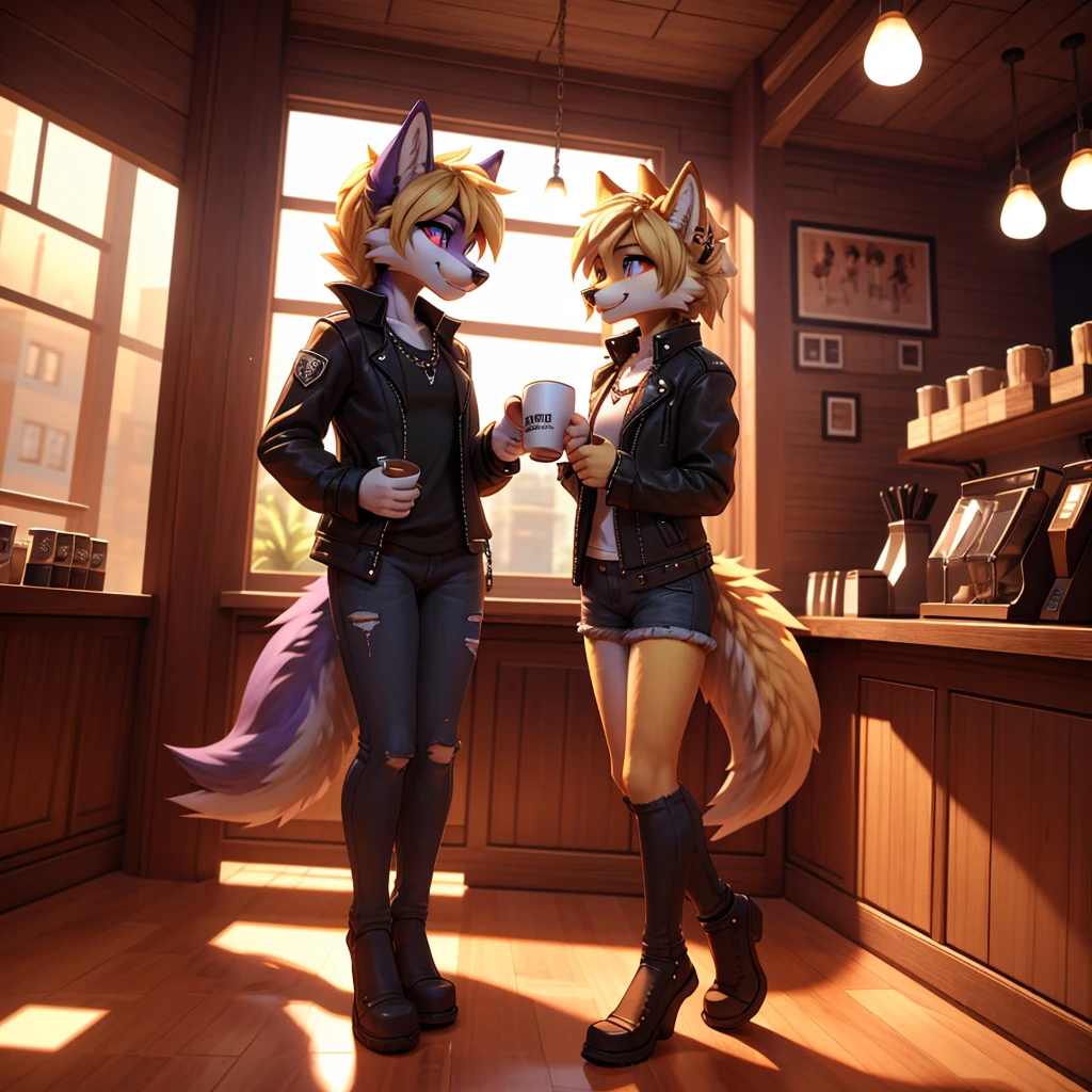 beautiful, (masterpiece), high quality, Highly detailed CG Unity 8k wallpaper, High resolution, perfect lighting, youthful, adolescent, tall, slim, skinny, frail slender figure, slim legs, medium breasts, youthful, adolescent, tall, slim, anthropomorphic furry wolf sisters, distinctly feminine figures, narrow hips, long legs, thick, fluffy, volumetric fur, cinematic high fidelity 3D CAD Model style, one short with black and purple fur, short spiky hair, piercing red eyes, goth outfit, chain accessories, playful smirk, other tall with golden fur, long flowing blonde hair, blue eyes, casual stylish outfit, denim jacket, playful teasing grin, standing in cozy coffee shop, wooden tables, coffee mugs, warm lighting, teasing each other with a shared pastry, the goth sister sticking out her tongue, the blonde playfully holding the pastry just out of reach, capturing their dynamic personalities and sisterly bond.