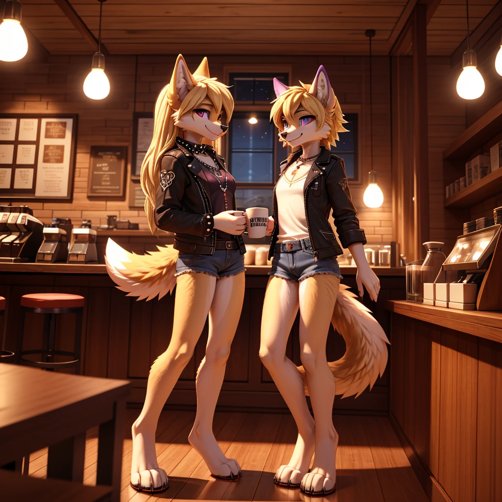 beautiful, (masterpiece), high quality, Highly detailed CG Unity 8k wallpaper, High resolution, perfect lighting, youthful, adolescent, tall, slim, skinny, frail slender figure, slim legs, medium breasts, youthful, adolescent, tall, slim, anthropomorphic furry wolf sisters, distinctly feminine figures, narrow hips, long legs, thick, fluffy, volumetric fur, cinematic high fidelity 3D CAD Model style, one short with black and purple fur, short spiky hair, piercing red eyes, goth outfit, chain accessories, playful smirk, other tall with golden fur, long flowing blonde hair, blue eyes, casual stylish outfit, denim jacket, playful teasing grin, standing in cozy coffee shop, wooden tables, coffee mugs, warm lighting, teasing each other with a shared pastry, the goth sister sticking out her tongue, the blonde playfully holding the pastry just out of reach, capturing their dynamic personalities and sisterly bond.