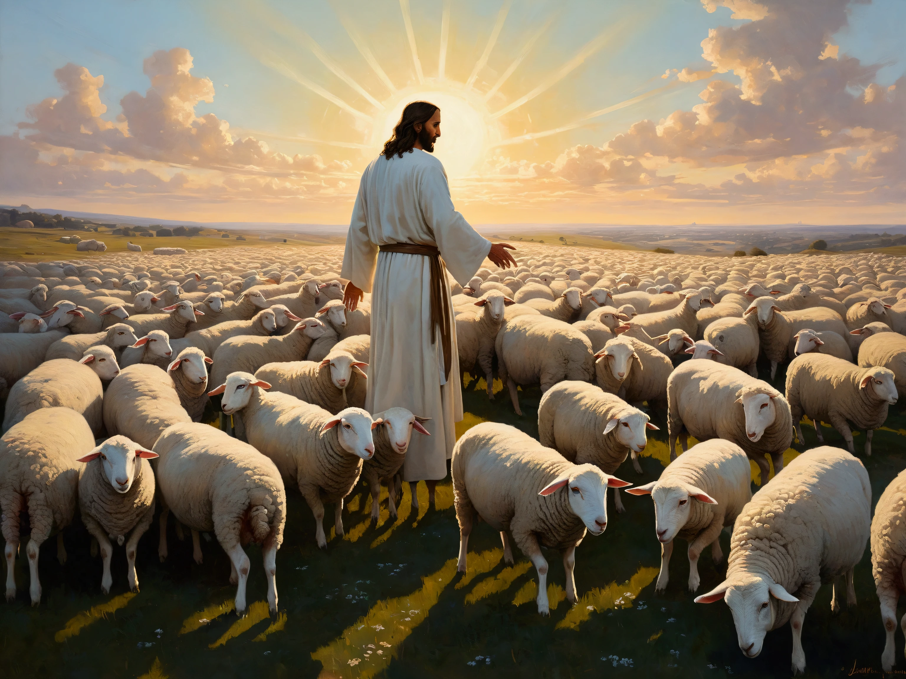 full length photo of Jesus Christ tending his sheep, majestic welcoming, predominant white color, professional oil painting by Ed Blinkey Atey Ghailan by Jeremy Mann Greg Manchess rays of light Antonio Moro trends trends at ArtStation trends at CGSociety Intricate High detail Focus sharp painting, dramatic, arte fotorrealista de Midjourney e Greg Rutkowsk