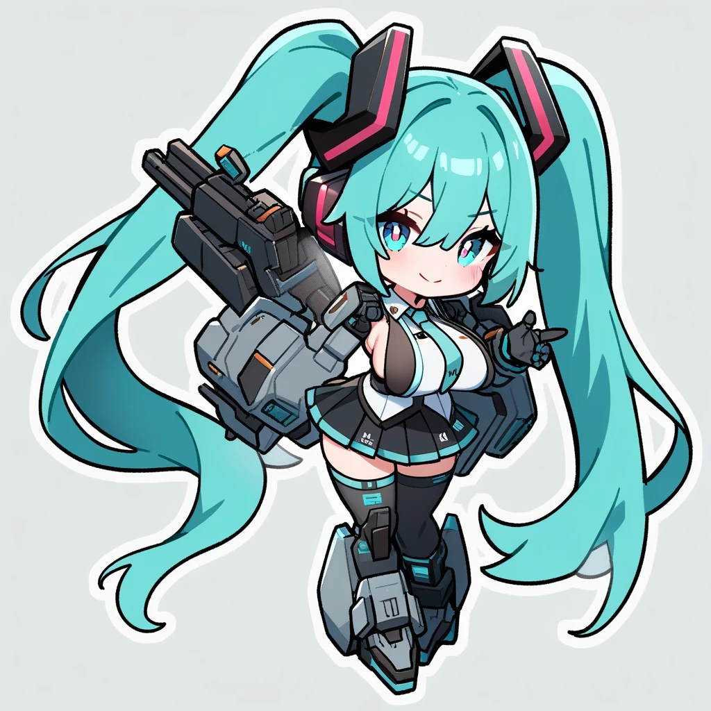 1Girl, hatsune miku, smile ,big breasts, looking at viewer, masterpiece, aesthetic, newest, white outline,chibi,full body, mecha musume
