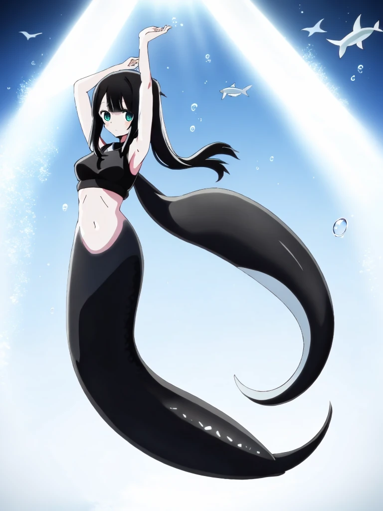 (mermaid:1.0), long black shark tail, full body, midriff black crop top, beautiful perfect symmetrical face, beautiful cute dark teenager girl, full body,under the  sea, long black pony tail, fins, stretching