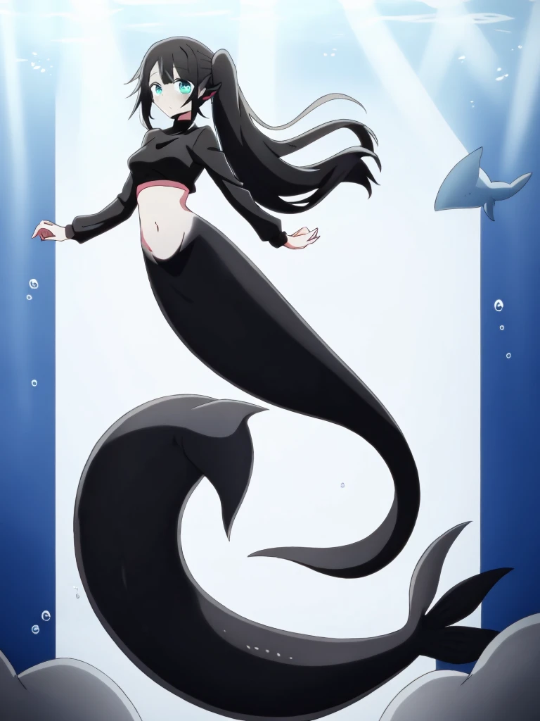 (mermaid:1.0), long black shark tail, full body, midriff black crop top, beautiful perfect symmetrical face, beautiful cute dark ager girl, full body ,under the  sea, long black pony tail, fins, stretching, side view, long nails, 
