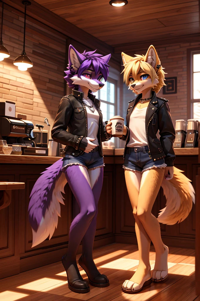 beautiful, (masterpiece), high quality, Highly detailed CG Unity 8k wallpaper, High resolution, perfect lighting, youthful, adolescent, tall, slim, skinny, frail slender figure, slim legs, medium breasts, youthful, adolescent, tall, slim, anthropomorphic furry wolf sisters, distinctly feminine figures, narrow hips, long legs, thick, fluffy, volumetric fur, cinematic high fidelity 3D CAD Model style, one short with black and purple fur, short spiky hair, piercing red eyes, goth outfit, chain accessories, playful smirk, other tall with golden fur, long flowing blonde hair, blue eyes, casual stylish outfit, denim jacket, playful teasing grin, standing in cozy coffee shop, wooden tables, coffee mugs, warm lighting, teasing each other with a shared pastry, the goth sister sticking out her tongue, the blonde playfully holding the pastry just out of reach, capturing their dynamic personalities and sisterly bond.