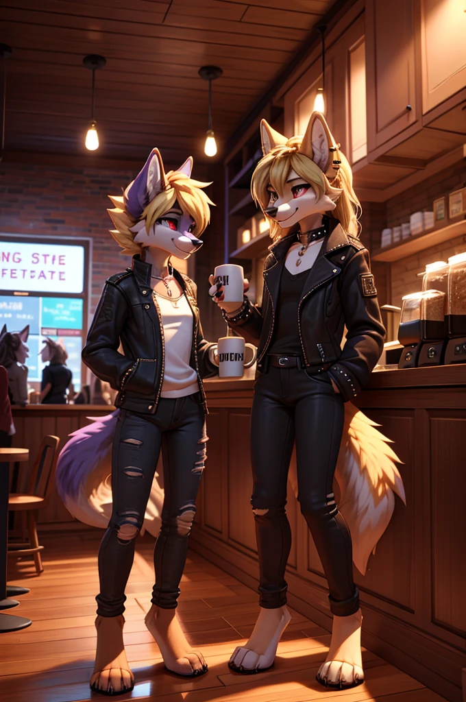 beautiful, (masterpiece), high quality, Highly detailed CG Unity 8k wallpaper, High resolution, perfect lighting, youthful, adolescent, tall, slim, skinny, frail slender figure, slim legs, medium breasts, youthful, adolescent, tall, slim, anthropomorphic furry wolf sisters, distinctly feminine figures, narrow hips, long legs, thick, fluffy, volumetric fur, cinematic high fidelity 3D CAD Model style, one short with black and purple fur, short spiky hair, piercing red eyes, goth outfit, chain accessories, playful smirk, other tall with golden fur, long flowing blonde hair, blue eyes, casual stylish outfit, denim jacket, playful teasing grin, standing in cozy coffee shop, wooden tables, coffee mugs, warm lighting, teasing each other with a shared pastry, the goth sister sticking out her tongue, the blonde playfully holding the pastry just out of reach, capturing their dynamic personalities and sisterly bond.