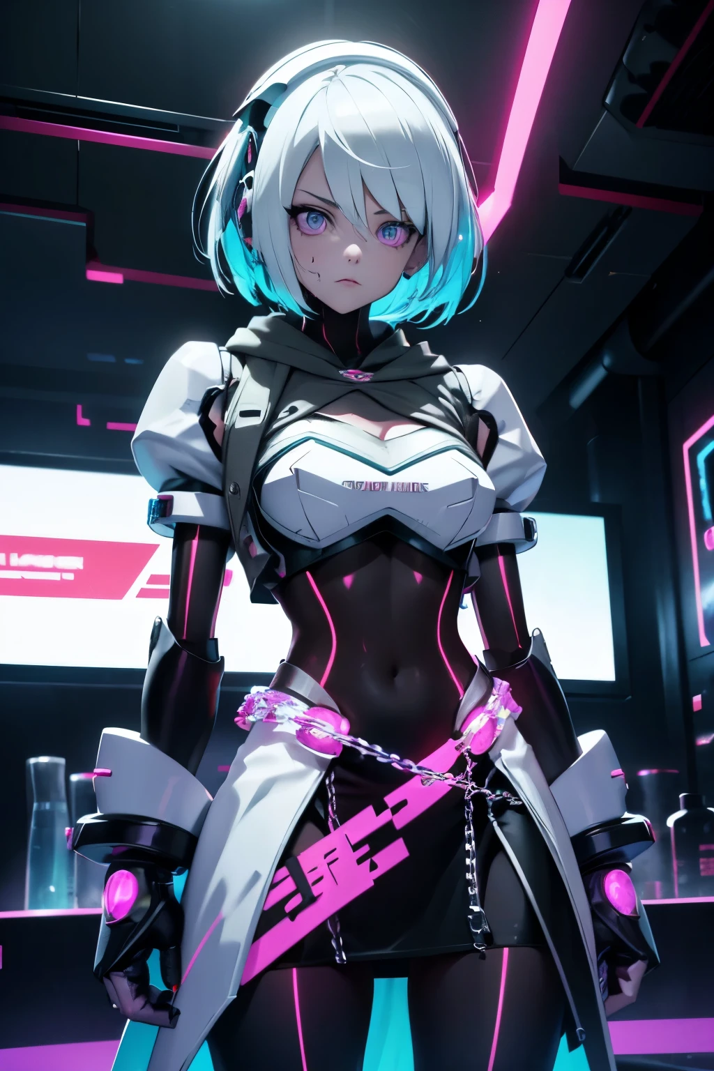 Android Girl,white hair,short and messy hair, purple neon eyes, Holding a chain whip,chains on the hands,chains action, chains around her arm, very cute, skirt, white blouse, cyberpunk style, eletronic gloves, mecanic parts, eletronic details,living room background.HD lighting and dark )(epic image quality) dark atmosphere with bright particle light(many effects in background), dinamic shot, robot, neon tweaks, cyberpunk theme