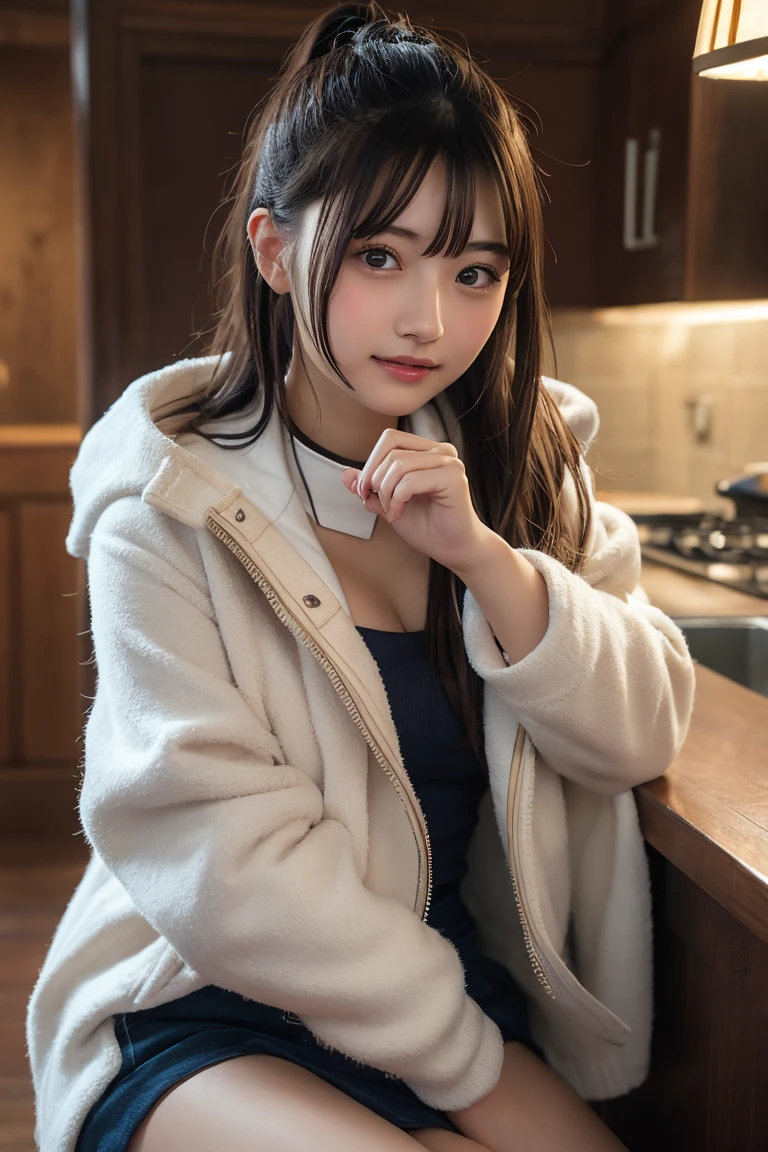 Tabletop, Highest quality, shape, Very detailed, finely, High resolution, 8k wallpaper, 完璧なダイナミックな構shape, Beautiful and detailed, Straight hair, Small breasts, Natural color lip, Random sexy poses,smile,20-year-old girl、Midnight、Beautiful and elaborate face、Perfect and beautiful face,Big eyes、RAW Photos、Expressing feminine poses with the whole body、Beautiful and detailed、Small face、Beautiful Duplex、Slim face and figure,Luxury brand mink coat(Inside：Winter clothes)、Beautiful golden ratio face,ツインponytail,Bright expression,Shooting with a focus on beautiful legs、ponytail、One-sided braid