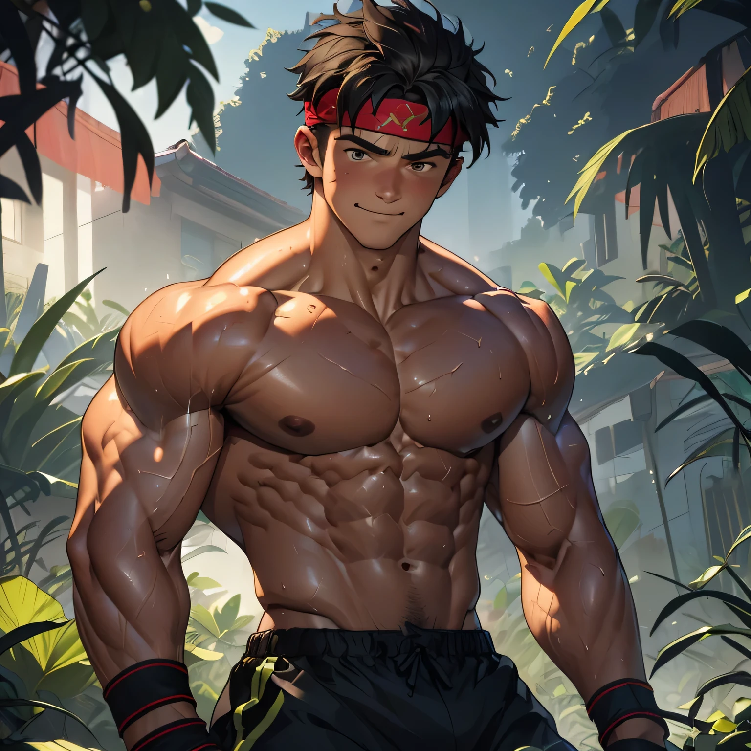 (Masterpiece, Best quality 19 year old boy, black background), solo, Young, boy, muscler, Shirtless, topless, ((((get knocked out, sweat, swoon, steam, defeat, damage, groggy, lose, fearless smile, surrounded by swirling leaves and a flames)))), (Dark Short straight hair, ((almost completely shaved hair)), under cut, brown eyes), (red headband, ((black wristband))), Vivid colors, ((hot Abs:1.2, abs!, big abs, big breast:1.2, chest!, muscler upper arms, clenched fist)), (topless male), muscler!, muscler body, Man with martial arts stance, detailed face, detailed muscle, (((random pose, powerful, action, rippling muscles, green aura around body, concentrate, special effects)))