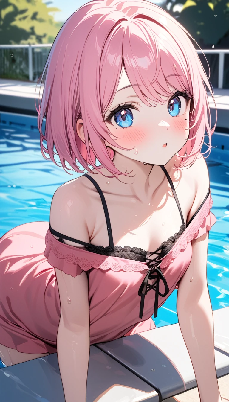 (1 girl),(Best Picture Quality, 8K, Masterpiece:1.3), (high school student:1.5), ((pink lob hair:1.1)), (bob cut),(swept bangs), (cute eyes, pupil black, iris skyblue, youthful face), (mole under right eye), (standard weight), (small breasts), (glistening skin:1.1),(pale skin:1.2), (poolside), ((off shoulder lace up pink dress)),(wet:1.1).
