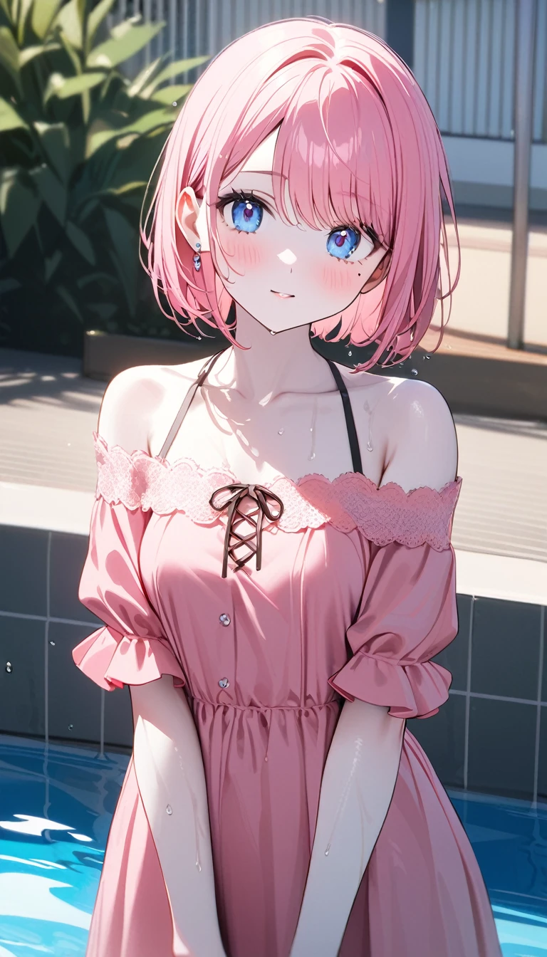 (1 girl),(Best Picture Quality, 8K, Masterpiece:1.3), (high school student:1.5), ((pink lob hair:1.1)), (bob cut),(swept bangs), (cute eyes, pupil black, iris skyblue, youthful face), (mole under right eye), (standard weight), (small breasts), (glistening skin:1.1),(pale skin:1.2), (poolside), ((off shoulder lace up pink dress)),(wet:1.1).