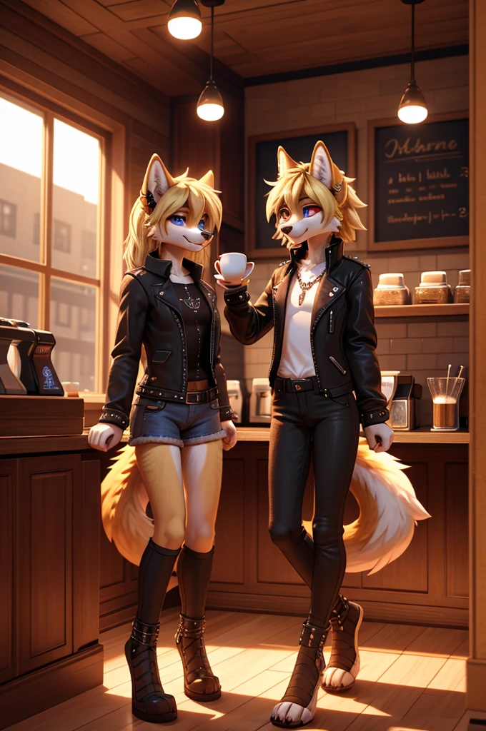 beautiful, (masterpiece), high quality, Highly detailed CG Unity 8k wallpaper, High resolution, perfect lighting, youthful, adolescent, tall, slim, skinny, frail slender figure, slim legs, medium breasts, youthful, adolescent, tall, slim, anthropomorphic furry wolf sisters, distinctly feminine figures, narrow hips, long legs, thick, fluffy, volumetric fur, cinematic high fidelity 3D CAD Model style, one short with black and purple fur, short spiky hair, piercing red eyes, goth outfit, chain accessories, playful smirk, other tall with golden fur, long flowing blonde hair, blue eyes, casual stylish outfit, denim jacket, playful teasing grin, standing in cozy coffee shop, wooden tables, coffee mugs, warm lighting, teasing each other with a shared pastry, the goth sister sticking out her tongue, the blonde playfully holding the pastry just out of reach, capturing their dynamic personalities and sisterly bond.