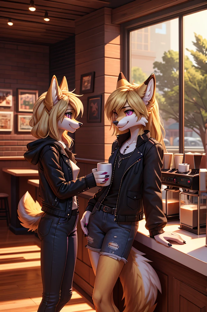 beautiful, (masterpiece), high quality, Highly detailed CG Unity 8k wallpaper, High resolution, perfect lighting, youthful, adolescent, tall, slim, skinny, frail slender figure, slim legs, medium breasts, youthful, adolescent, tall, slim, anthropomorphic furry wolf sisters, distinctly feminine figures, narrow hips, long legs, thick, fluffy, volumetric fur, cinematic high fidelity 3D CAD Model style, one short with black and purple fur, short spiky hair, piercing red eyes, goth outfit, chain accessories, playful smirk, other tall with golden fur, long flowing blonde hair, blue eyes, casual stylish outfit, denim jacket, playful teasing grin, standing in cozy coffee shop, wooden tables, coffee mugs, warm lighting, teasing each other with a shared pastry, the goth sister sticking out her tongue, the blonde playfully holding the pastry just out of reach, capturing their dynamic personalities and sisterly bond.