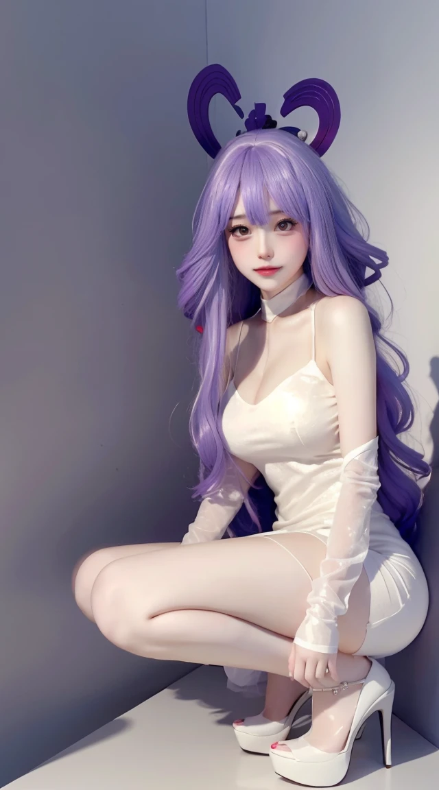 8k, Surreal, masterpiece, best quality, Super detailed, high resolution, random background, 1個Giant Breast Girl, (:1.5), Willow Yao, white dress,Half,whole body,High heel白色婚纱,High heel,whole body,purple background,purple hair