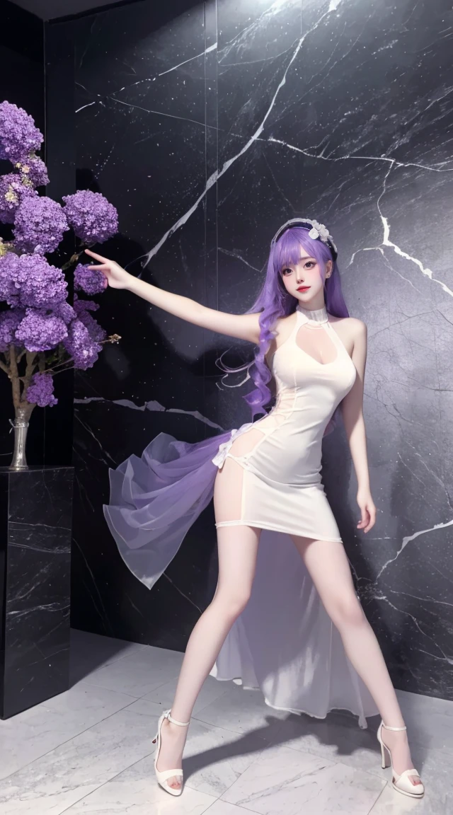 8K, Surreal, masterpiece, best quality, Very detailed, high resolution, Random Background, 1 girl, (:1.5), Yao Liuer, White Dress,translucent,whole body,High heel白色透明婚纱,High heel,whole body,Purple Hair,Light mines